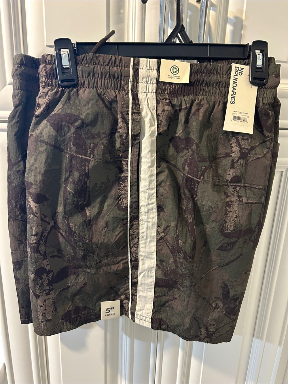 No Boundaries Men's Olive Camo Athletic Shorts with White Center Stripe